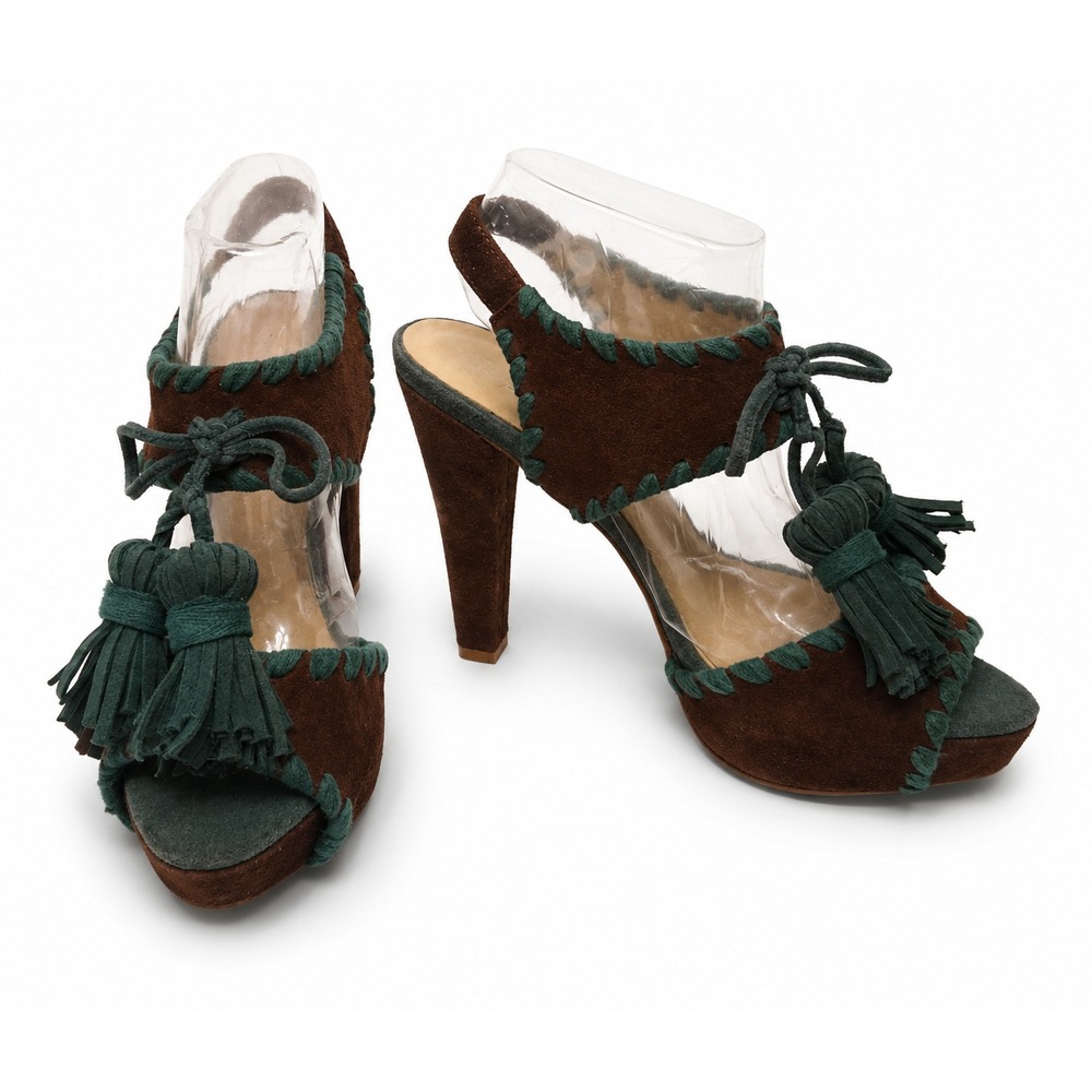 Paco Gil Womens Platform Sandals Size 9M Brown Suede Blue Stitched Trim Tassels